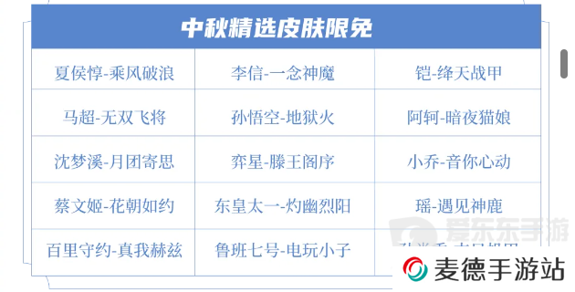 王者荣耀2024年中秋节限免皮肤有哪些 王者荣耀中秋节限免皮肤名单一览